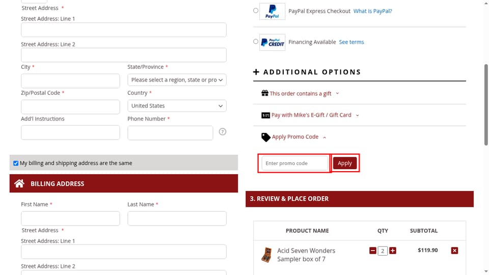 Mike's Cigars checkout page showing the Enter promo code field and Apply button