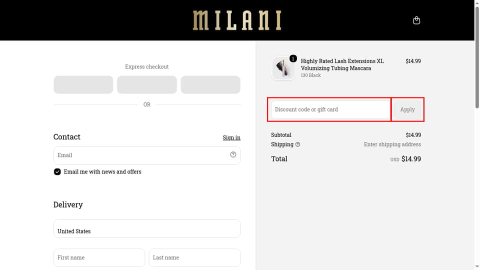 Milani Cosmetics checkout page showing the Discount code or gift card field and Apply button