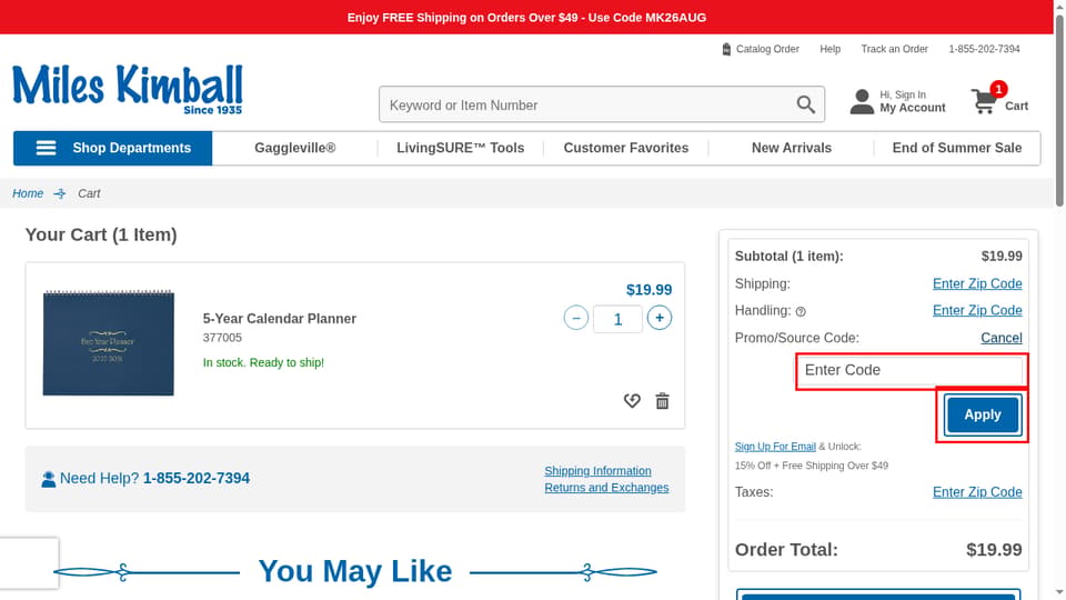 Miles Kimball checkout page showing the Enter Code field and Apply button