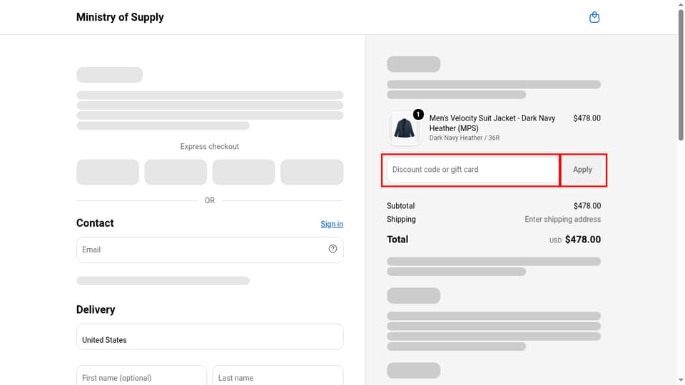 Ministry of Supply checkout page showing the Discount code or gift card field and Apply button