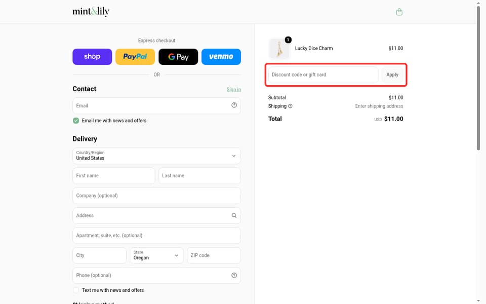 Mint & Lily checkout page showing the Discount code or gift card field and Apply button