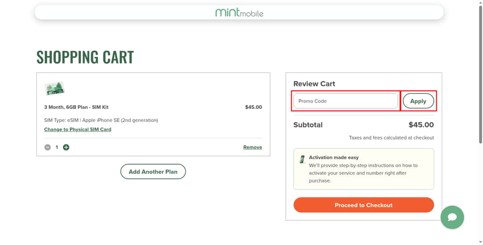 Mint Mobile checkout page showing the 