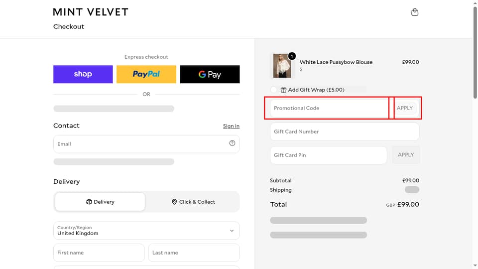 Mint Velvet checkout page showing the Promotional Code field and Apply button