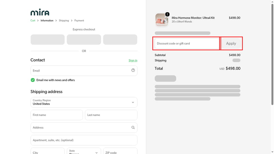 Mira Care checkout page showing the Discount code or gift card field and Apply button