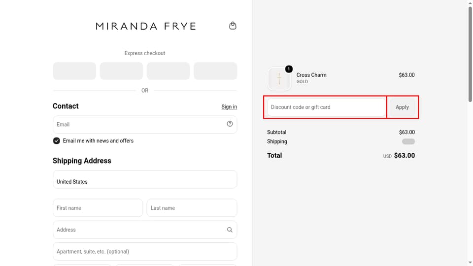 Miranda Frye Jewelry checkout page showing the Discount code or gift card field and Apply button