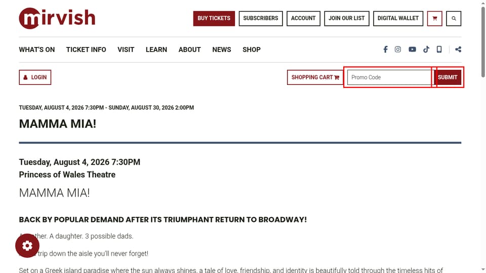 Mirvish Productions checkout page showing the Promo Code field and submit button