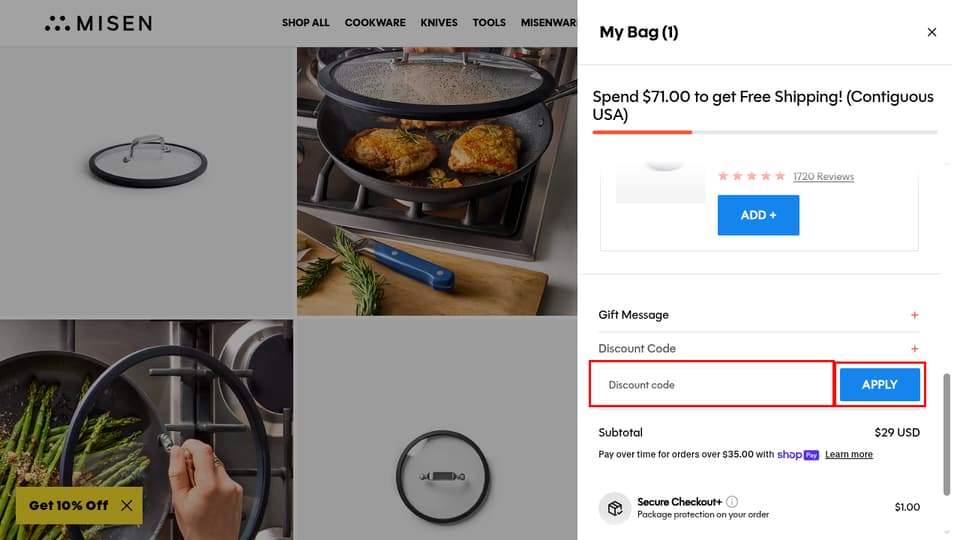 Misen checkout page showing the Discount code field and APPLY button
