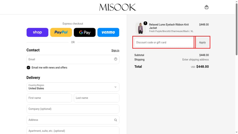 Misook checkout page showing the Discount code or gift card field and Apply button