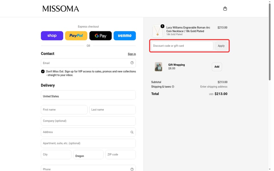 Missoma checkout page showing the Discount code or gift card field and Apply button