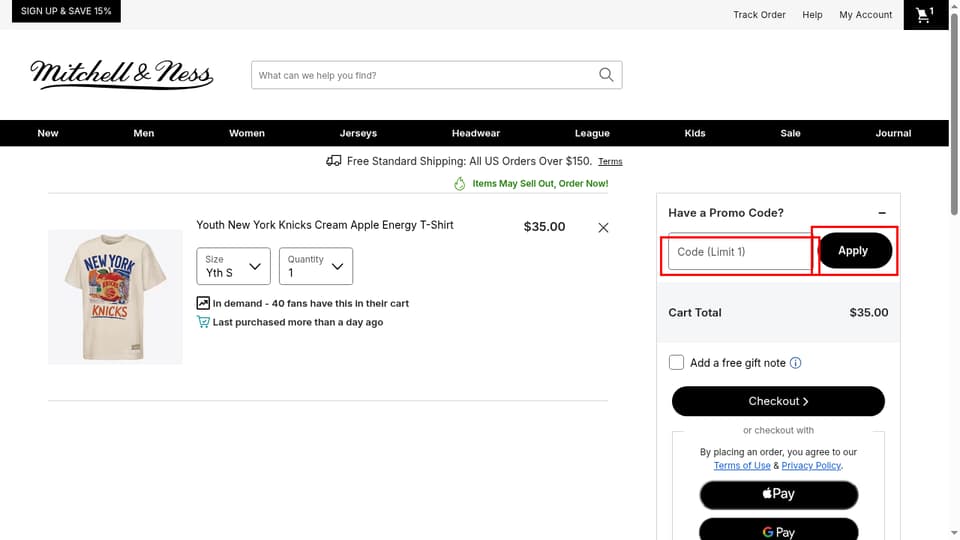 Mitchell & Ness checkout page showing the Code (Limit 1) field and Apply button