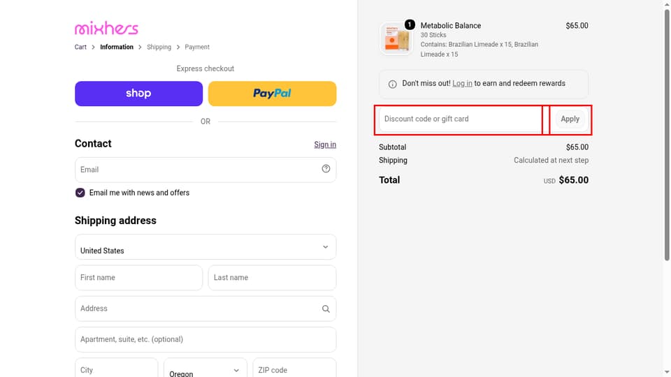 Mixhers checkout page showing the Discount code or gift card field and Apply button