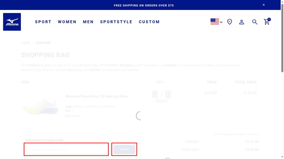 Mizuno USA checkout page showing the Promotion or Coupon Code field and APPLY button