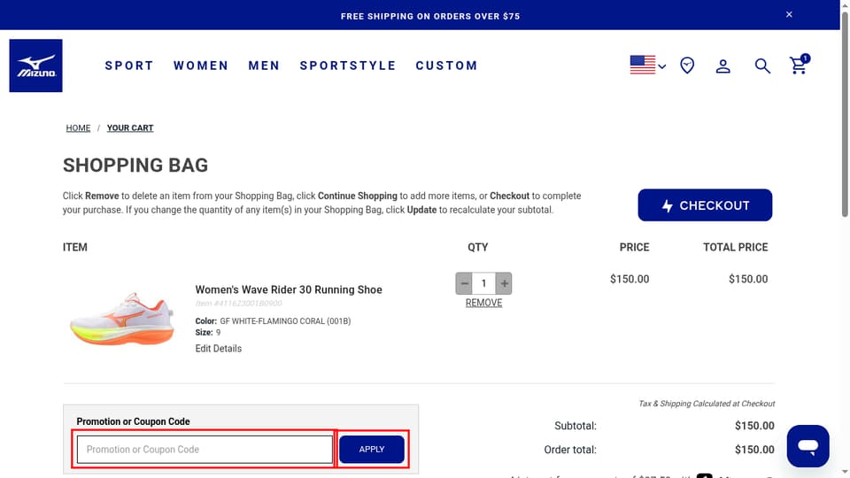 Mizuno checkout page showing the Promotion or Coupon Code field and Apply button