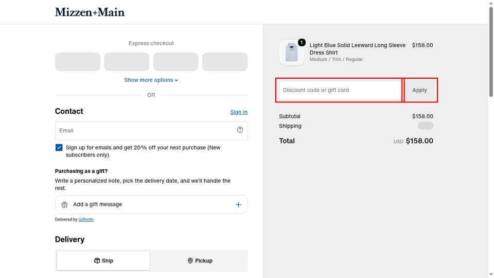 Mizzen+Main checkout page showing the Discount code or gift card field and Apply button