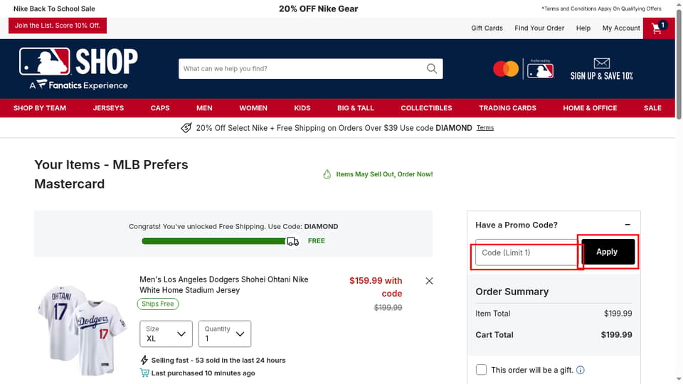 MLB Shop checkout page showing the Code (Limit 1) field and Apply button