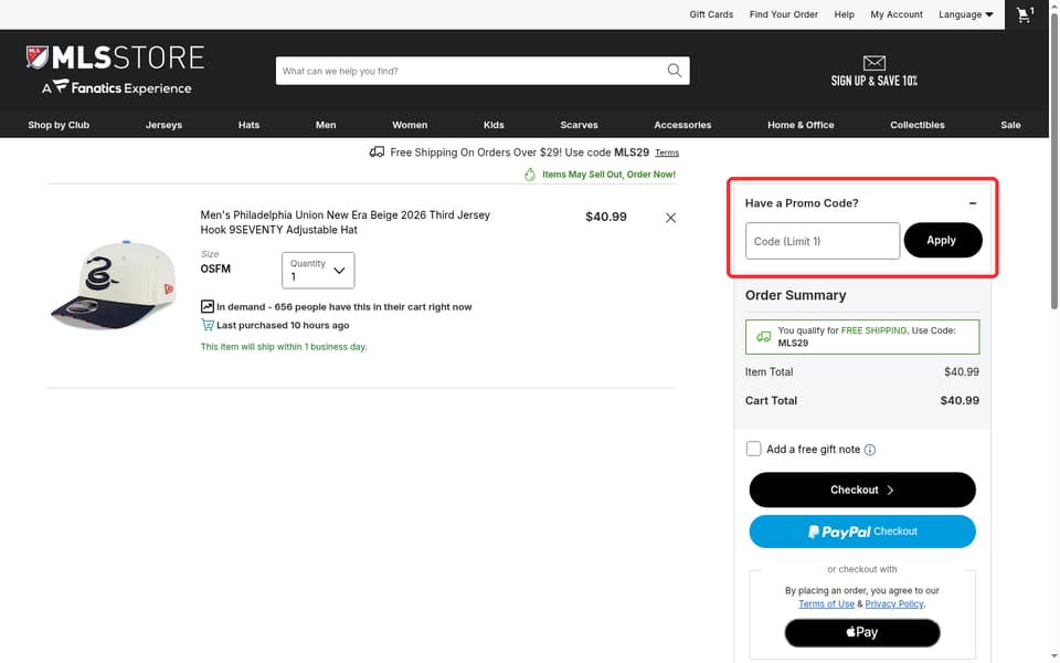 MLS Store checkout page showing the Code (Limit 1) field and Apply button