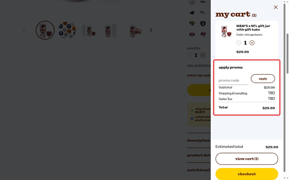 My M&Ms checkout page showing the promo code field and apply button