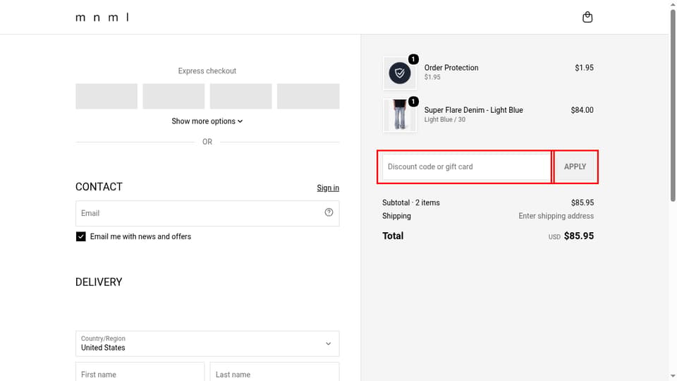 mnml checkout page showing the Discount code or gift card field and Apply button