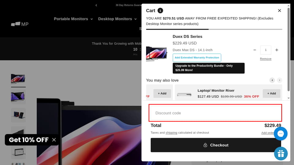 Mobile Pixels checkout page showing the Discount code field and Apply button