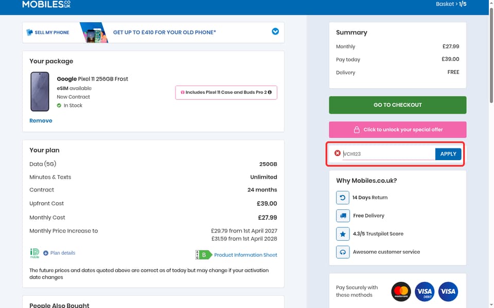 Mobiles.co.uk checkout page showing the Voucher code field and APPLY button