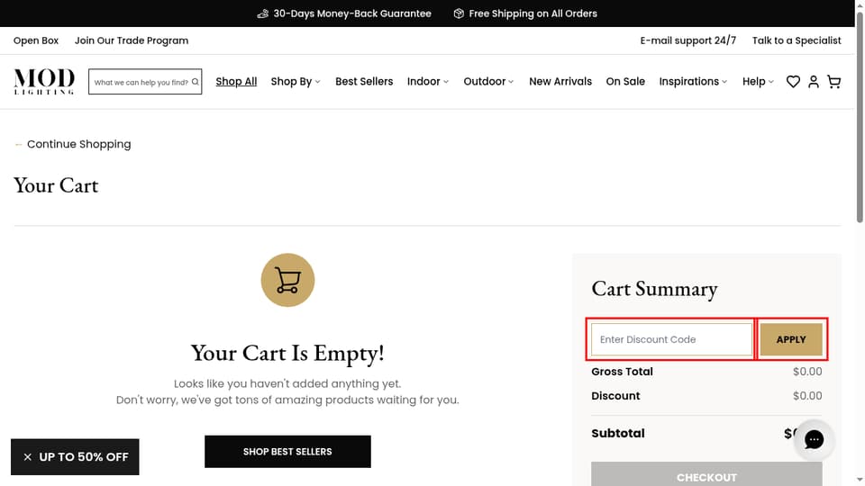 MOD LIGHTING checkout page showing the Enter Discount Code field and APPLY button