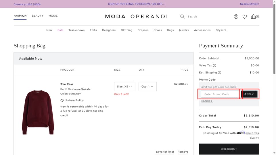 Moda Operandi checkout page showing the Enter Promo Code field and Apply button