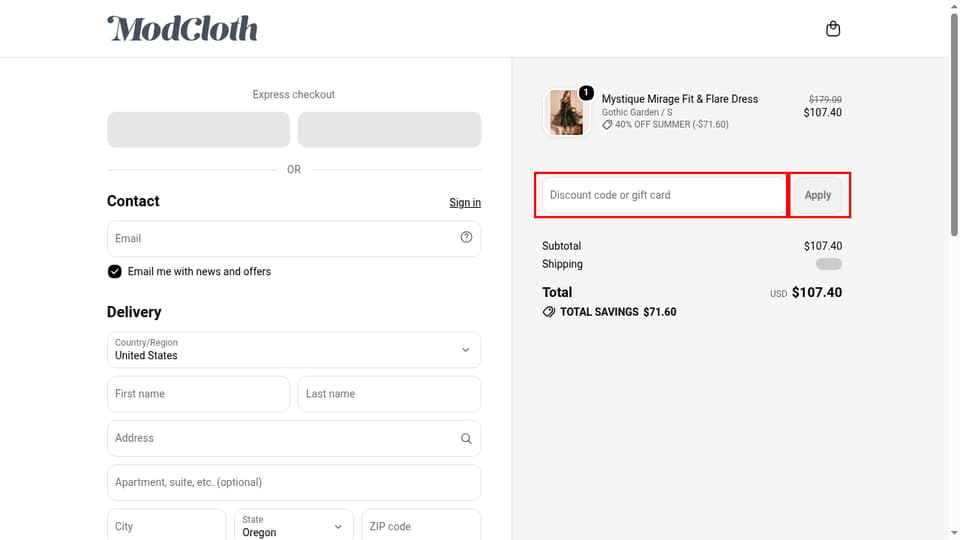 ModCloth checkout page showing the Discount code or gift card field and Apply button