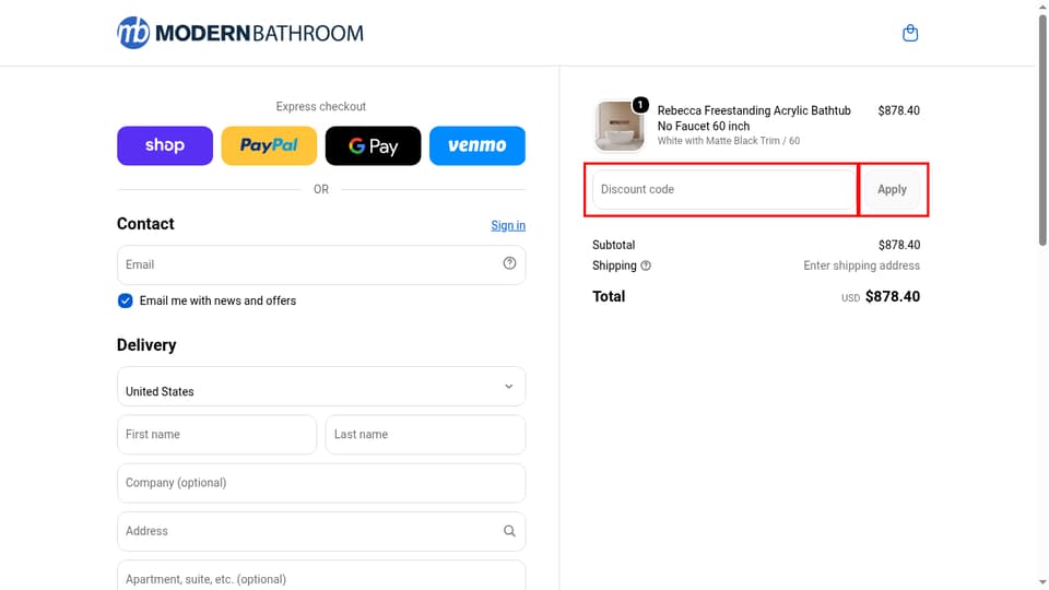 Modern Bathroom checkout page showing the Discount code field and Apply button