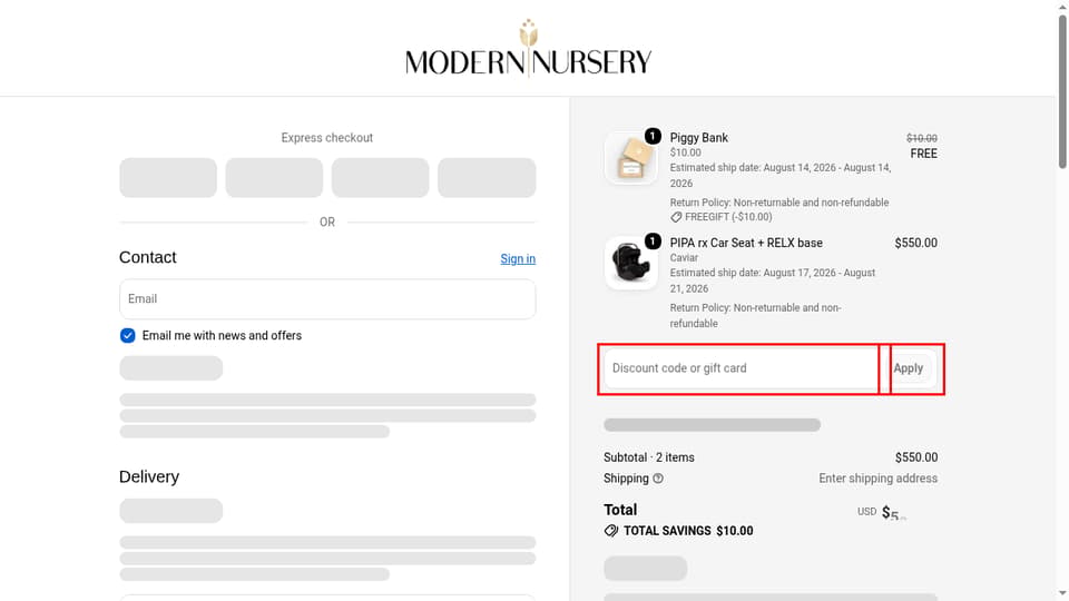 Modern Nursery checkout page showing the Discount code or gift card field and Apply button