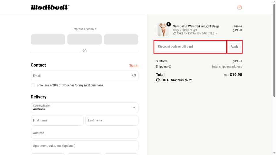 Modibodi checkout page showing the Discount code or gift card field and Apply button