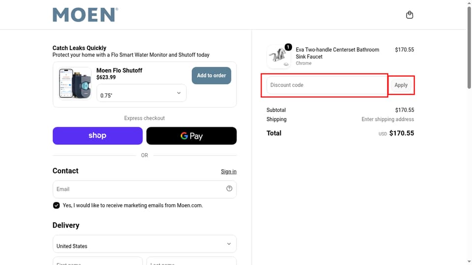 Moen checkout page showing the Discount code field and Apply button