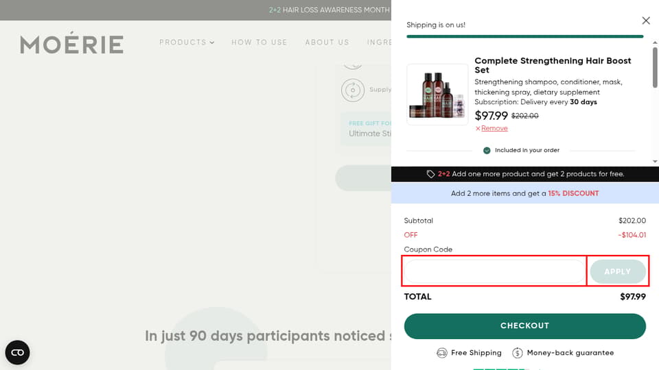 Moérie checkout page showing the Coupon Code field and APPLY button