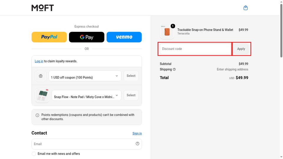 MOFT checkout page showing the Discount code field and Apply button