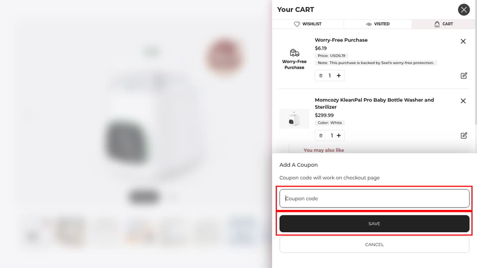 Momcozy checkout page showing the Coupon code field and SAVE button