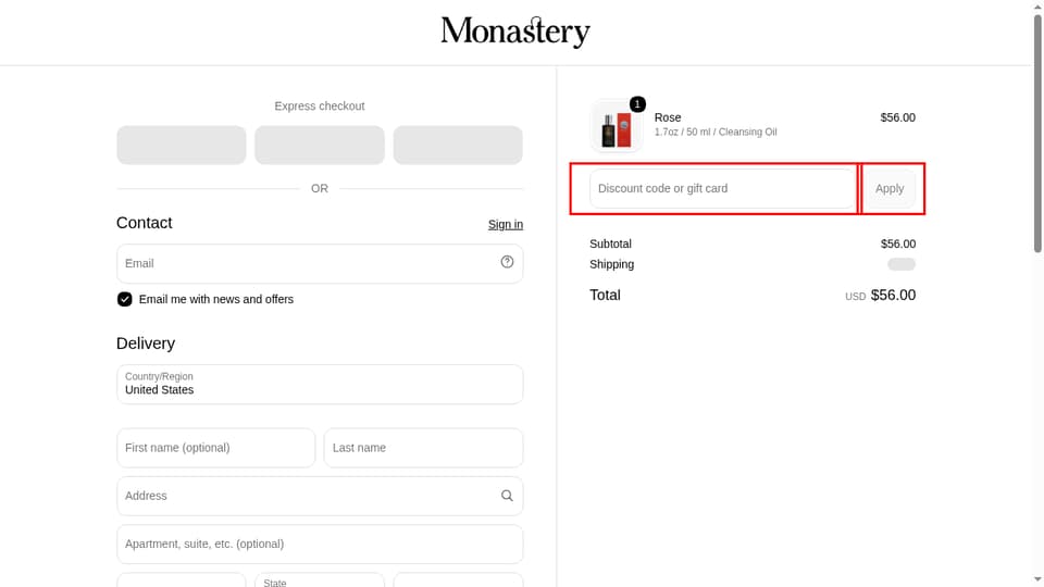 Monastery checkout page showing the Discount code or gift card field and Apply button