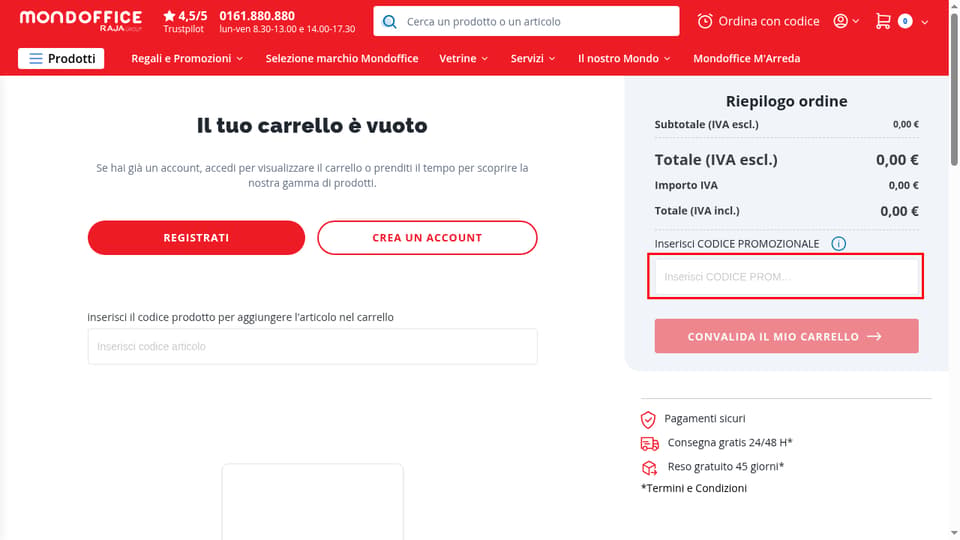 Mondoffice checkout page showing the Inserisci CODICE PROMOZIONALE field and Apply button