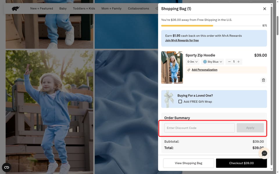 Monica + Andy checkout page showing the Enter Discount Code field and Apply button