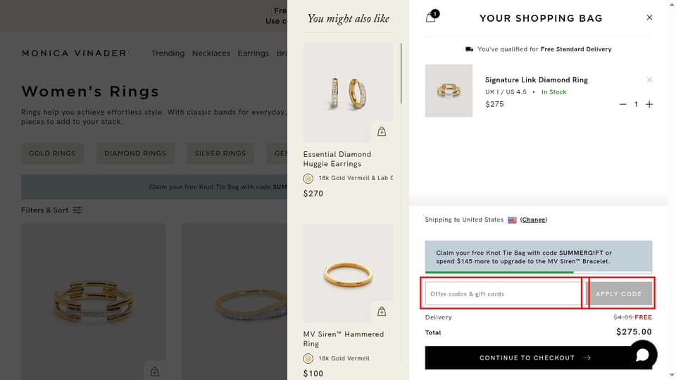 Monica Vinader checkout page showing the Offer codes & gift cards field and APPLY CODE button