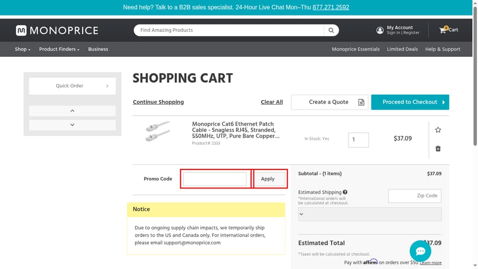 Monoprice checkout page showing the Promo Code field and Apply button