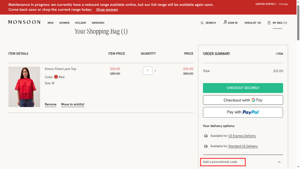 Monsoon checkout page showing the Enter your code field and Apply button