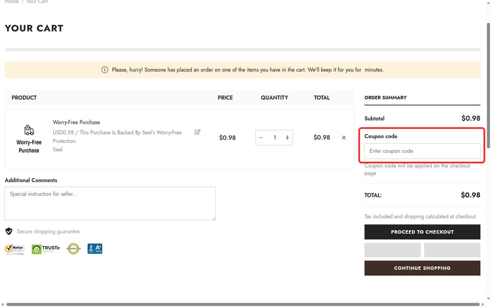 Montana West World checkout page showing the Enter coupon code field and Proceed to checkout button