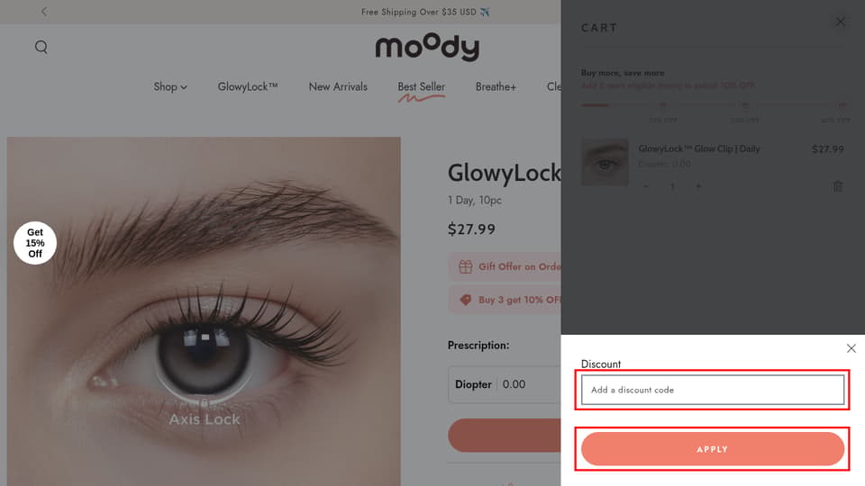 moody checkout page showing the Add a discount code field and Apply button