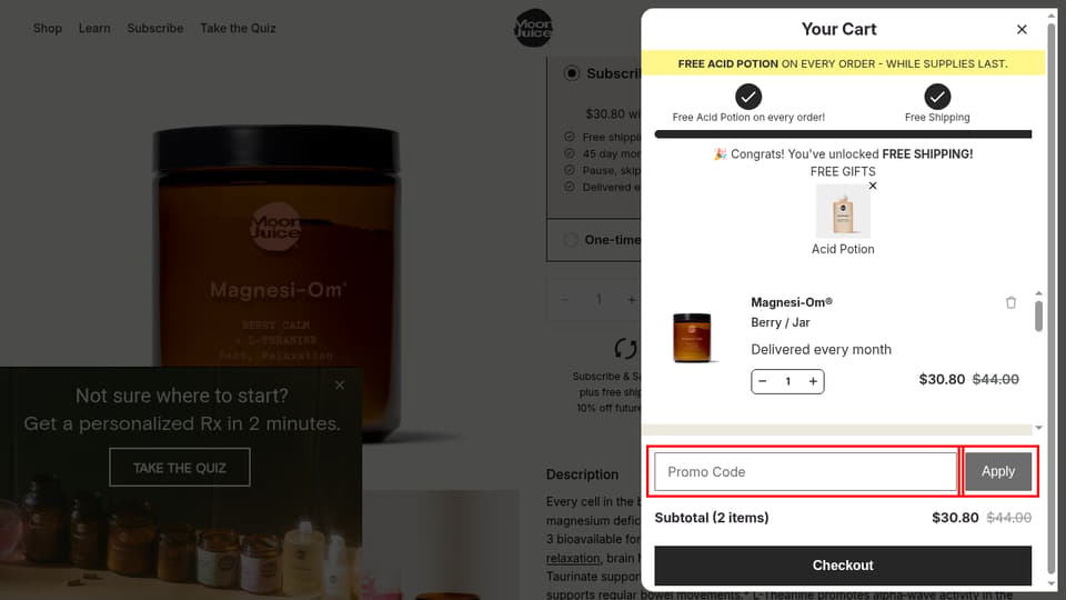 Moon Juice checkout page showing the Promo Code field and Apply button