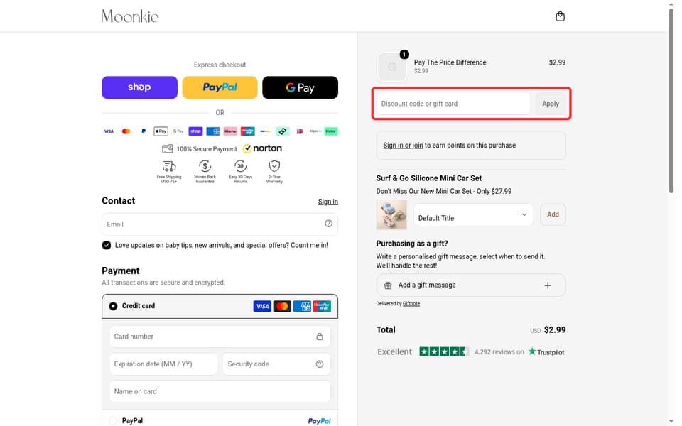 Moonkie checkout page showing the Discount code or gift card field and Apply button