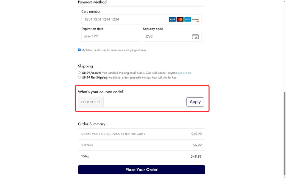 MorningSave checkout page showing the Coupon Code field and Apply button