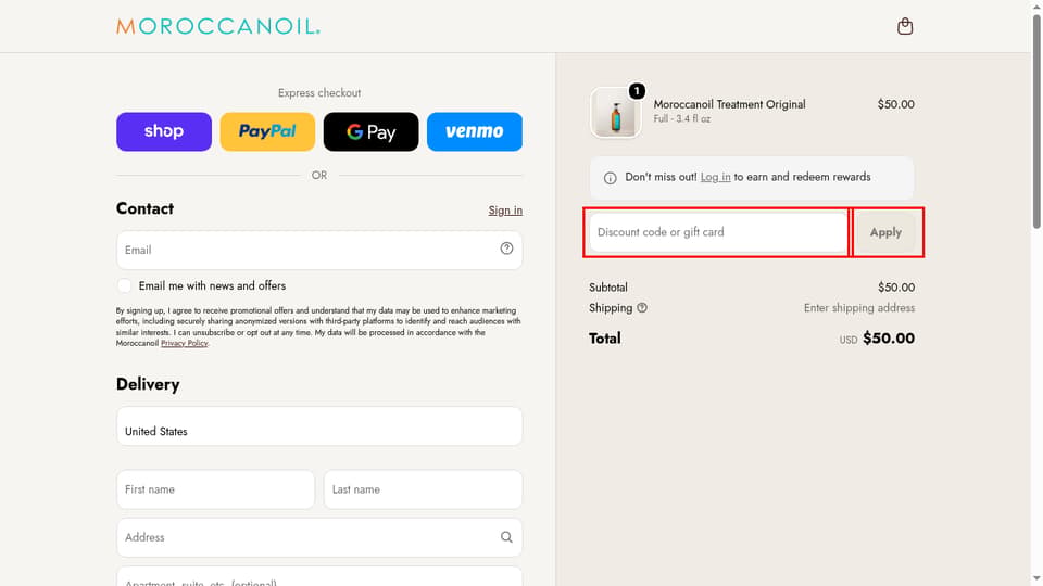 Moroccanoil checkout page showing the Discount code or gift card field and Apply button