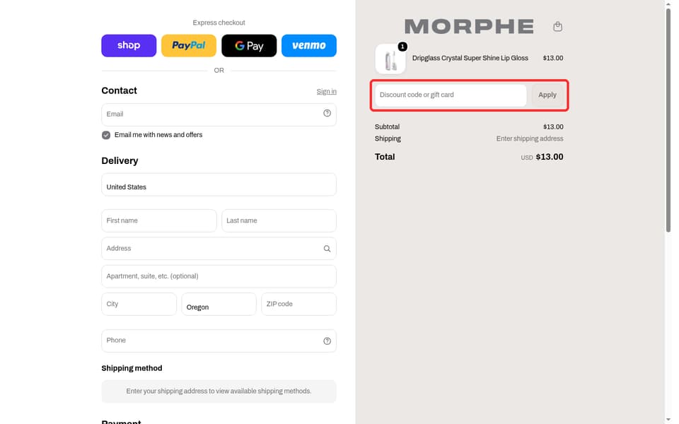 Morphe checkout page showing the Discount code or gift card field and Apply button