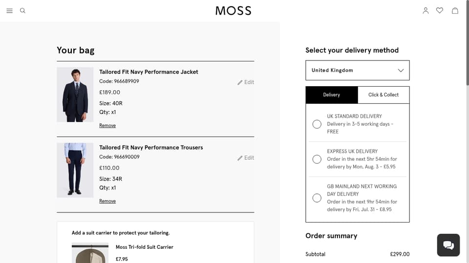 Moss checkout page showing the Voucher code field and Apply button