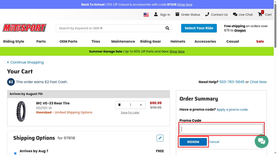 MotoSport checkout page showing the Promo Code field and REDEEM button