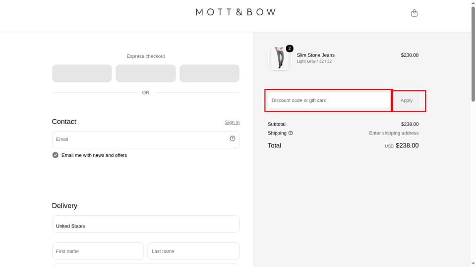 Mott & Bow checkout page showing the Discount code or gift card field and Apply button
